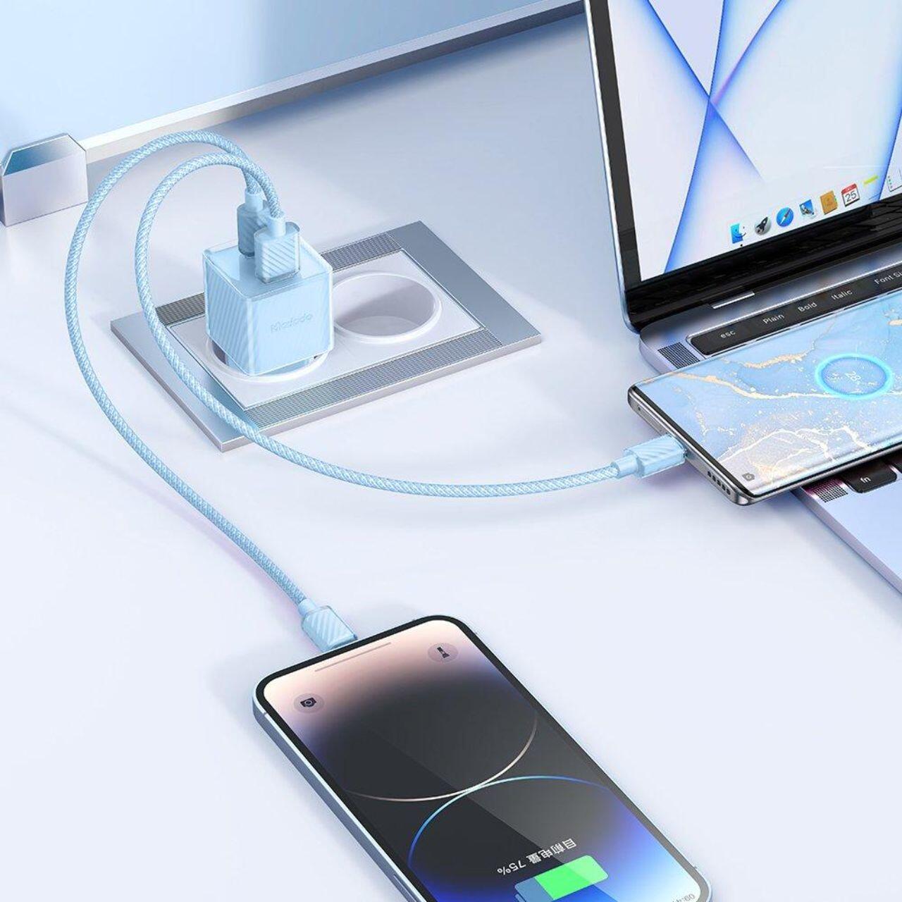 Laptop, Tablete & Telefoane - Mcdodo Incarcator Retea Dual Port Type-C si USB-A Dichromatic, Fast Charging PD 33W, Albastru