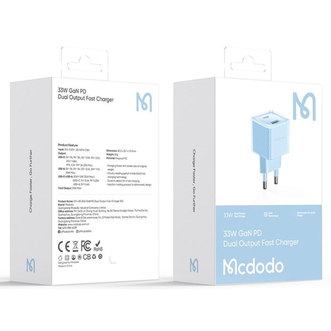 Mcdodo Incarcator Retea Dual Port Type-C si USB-A Dichromatic, Fast Charging PD 33W, Albastru [3]