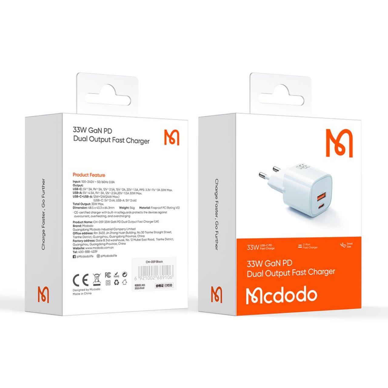 Mcdodo Incarcator Retea Dual Port USB-A si Type-C Nano Series GaN Fast Charging PD, 33W, Albastru [3]
