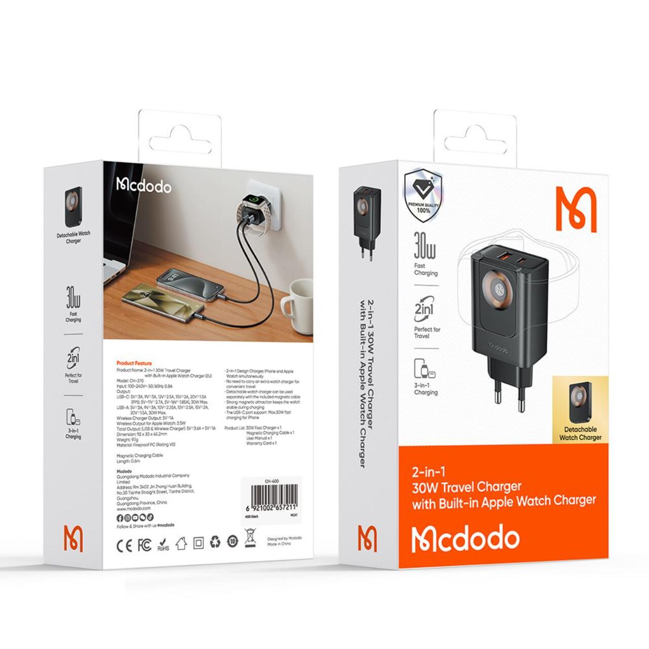 Mcdodo Incarcator Retea Fast Charging 30W cu Incarcator Wireless Apple Watch Integrat, Travel Companion Series, 1 x USB-A, 1 x USB-C, Negru [5]