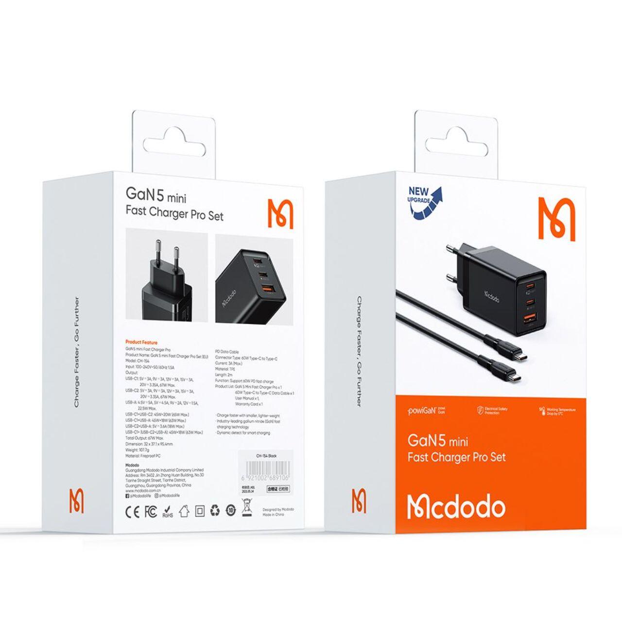 Mcdodo Set Incarcator Retea GaN5 Mini Pro Fast Charger 67W, Port 2xType-C+ 1xUSB-A, cablu Type-C, 2 m, Black [10]