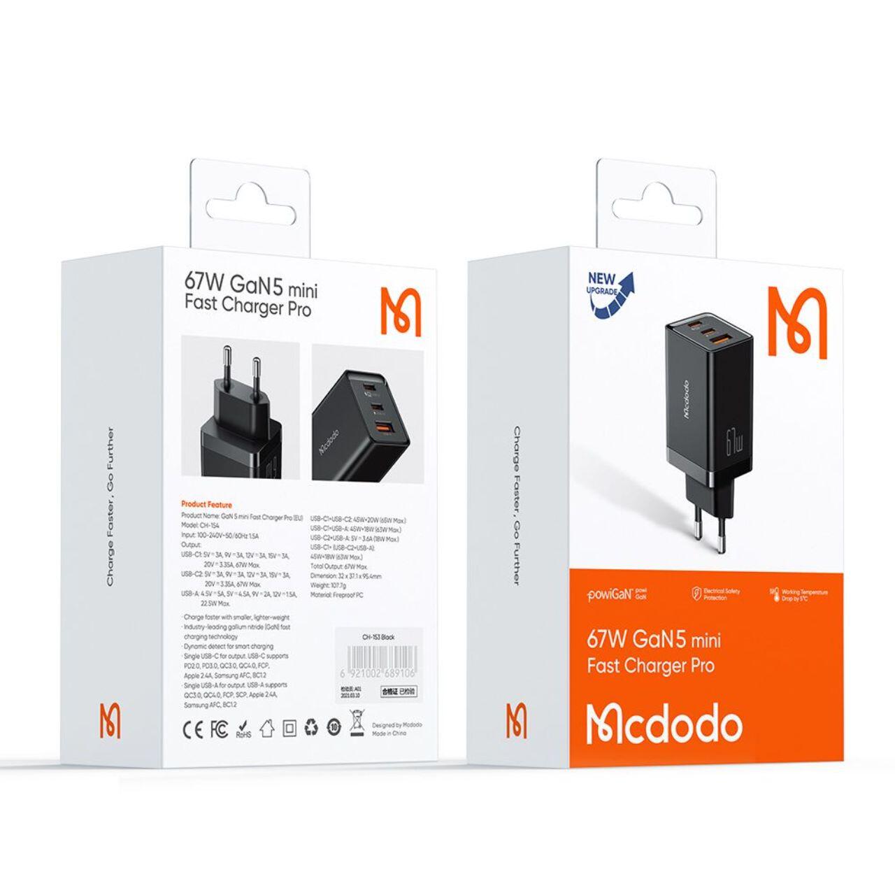 Mcdodo Incarcator Retea GaN5 Mini Pro Fast Charger 67W,  Port 2xType-C+ 1xUSB-A, Plug EU, Black [5]