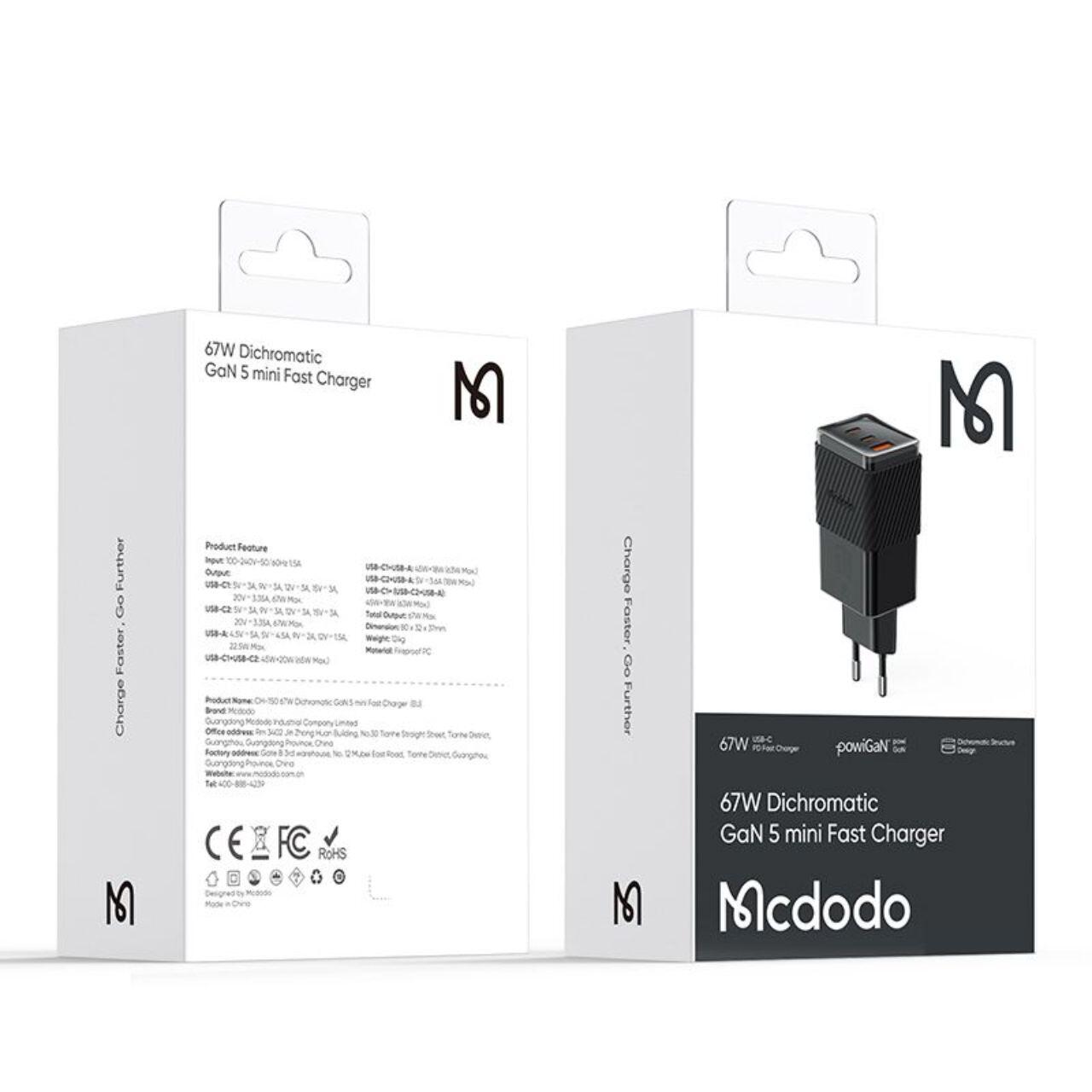 Mcdodo Incarcator Retea Port 2xType-C si 1xUSB-A Dichromatic GaN5 Mini, Fast Charging PD 67W, Negru [3]