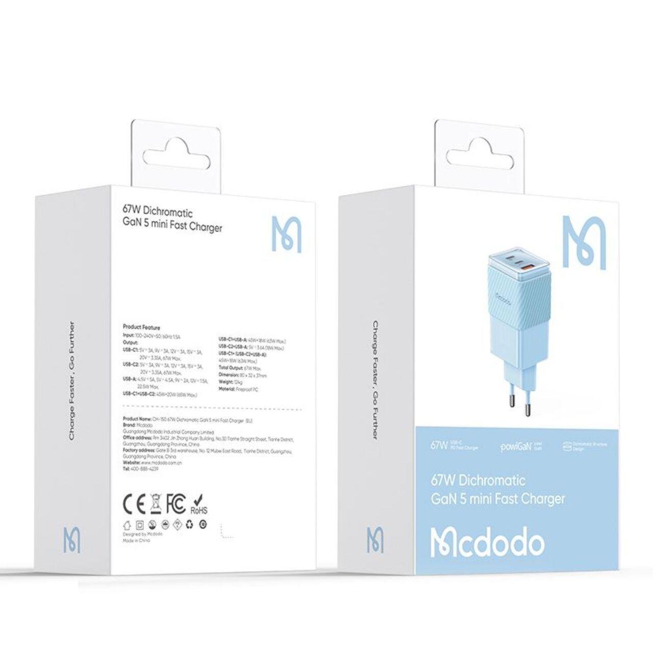 Laptop, Tablete & Telefoane - Mcdodo Incarcator Retea Port 2xType-C si 1xUSB-A Dichromatic GaN5 Mini, Fast Charging PD 67W, Albastru