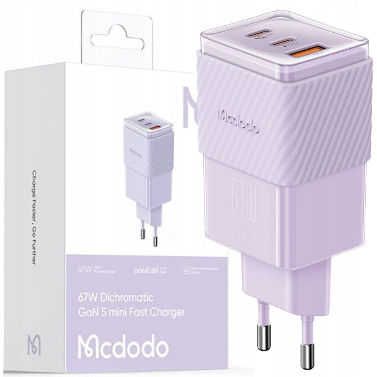 Mcdodo Incarcator Retea Port 2xType-C si 1xUSB-A Dichromatic GaN5 Mini, Fast Charging PD 67W, Mov [3]