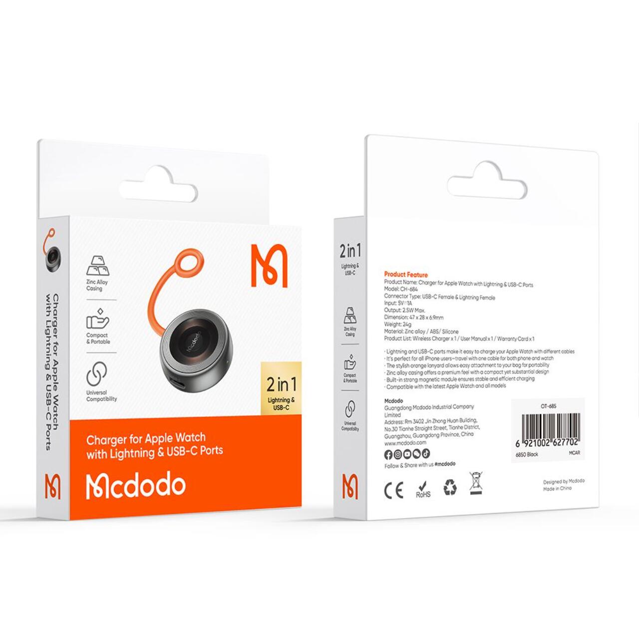 Mcdodo Incarcator wireless pentru Apple Watch, 2.5W, cu porturi Type-C si Lightning, snur din silicon anti-pierdere, Negru [6]