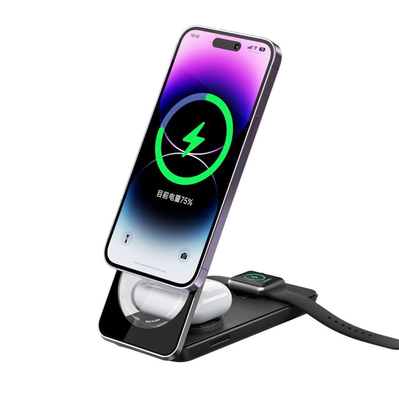 Mcdodo Incarcator Wireless Foldable 3in 1 Mangetic, pentru telefon / TWS / Apple Watch, 15W, Negru [1]
