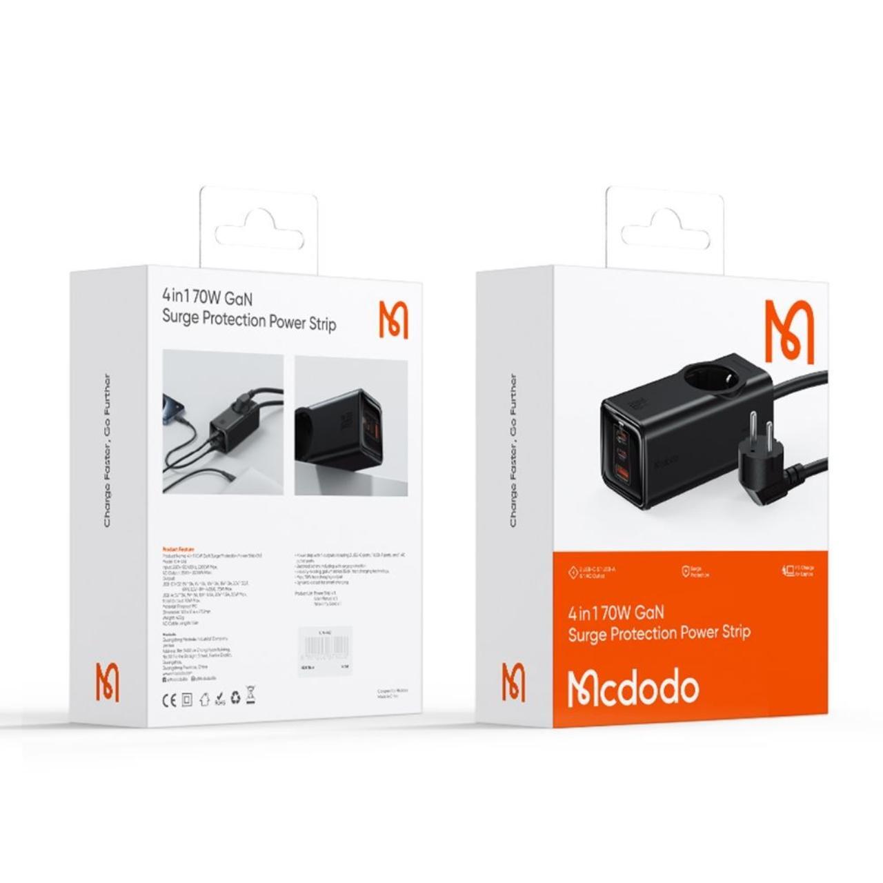 Mcdodo Incarcator de retea 4 in 1 cu prelungitor Super Cube Schuko, 2x Tip-C, USB-A, Fast Charge 70W, Tehnologie GaN, 1,5 m Negru [6]
