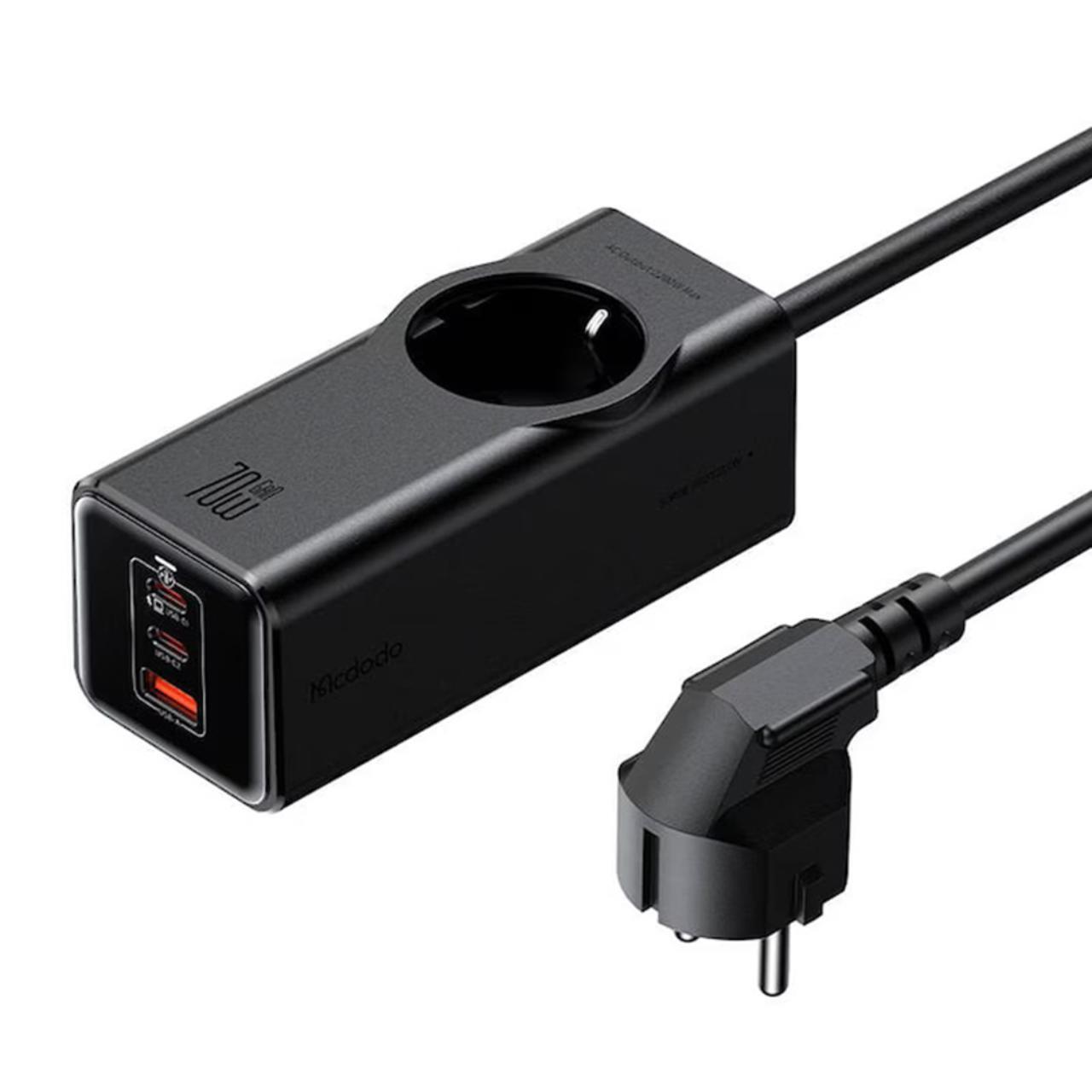Laptop, Tablete & Telefoane - Mcdodo Incarcator de retea 4 in 1 cu prelungitor Super Cube Schuko, 2x Tip-C, USB-A, Fast Charge 70W, Tehnologie GaN, 1,5 m Negru