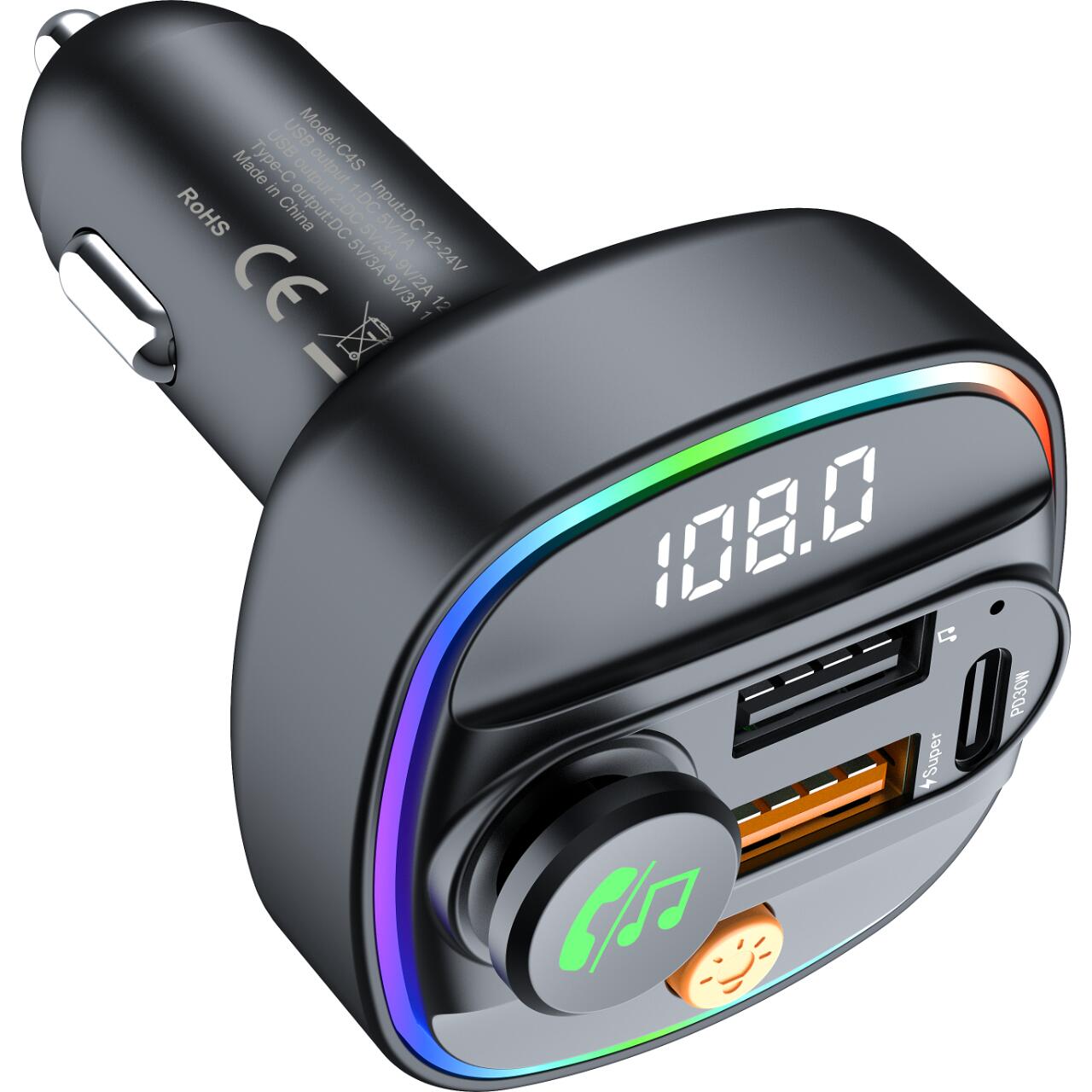 Devia Modulator FM Smart Series Bluetooth PD 30W + Dual USB, MP3, Fast Charger, Negru [1]