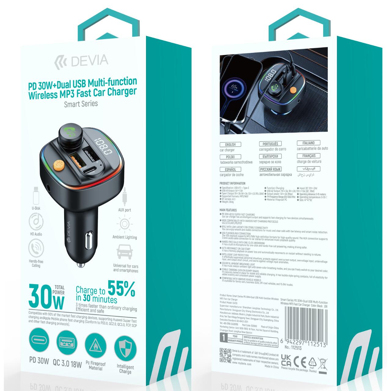 Devia Modulator FM Smart Series Bluetooth PD 30W + Dual USB, MP3, Fast Charger, Negru [5]