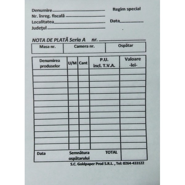 Registre și cuburi de hârtie - Nota plata autocopiativ 2 exemplare