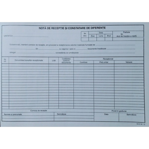 Registre și cuburi de hârtie - Nota receptie constatare diferente fara tva