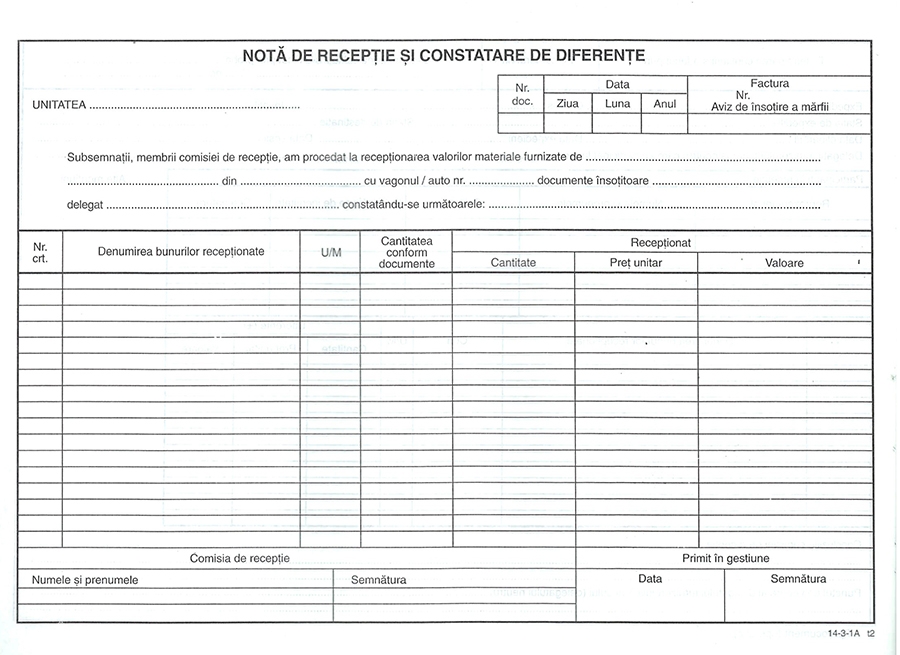 Registre și cuburi de hârtie - Nota receptie constatare diferente fara tva autocopiativa