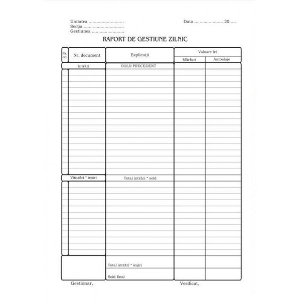 Registre și cuburi de hârtie - Raport de gestiune zilnic