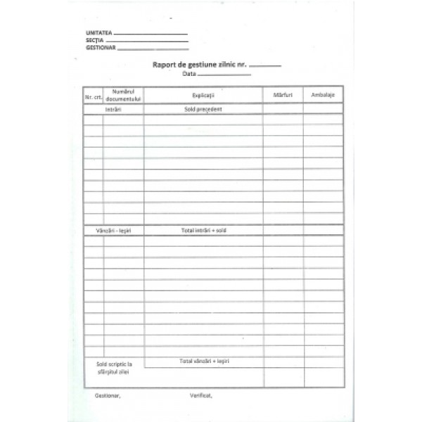 Registre și cuburi de hârtie - Raport de gestiune zilnic autocopiativ