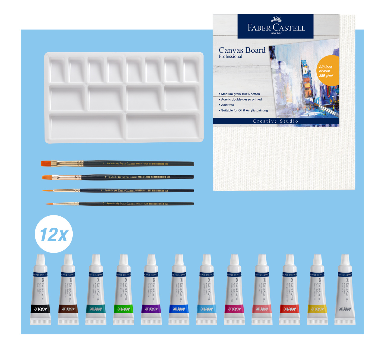 Set acrilic creativ 18 piese (12 culori acrilice x 9ml + canvas+ paleta+ 4 pensule) faber-castell [2]