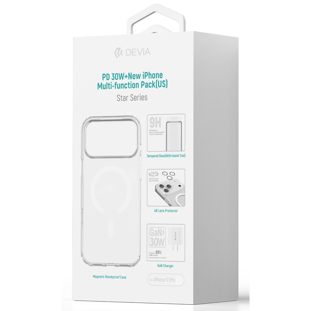 Devia Set 4 in 1 iPhone 17 Pro Incarcator retea GaN PD 30W + husa silicon Magsafe + folie sticla Military-Grade cu aplicator + folie sticla camera [7]