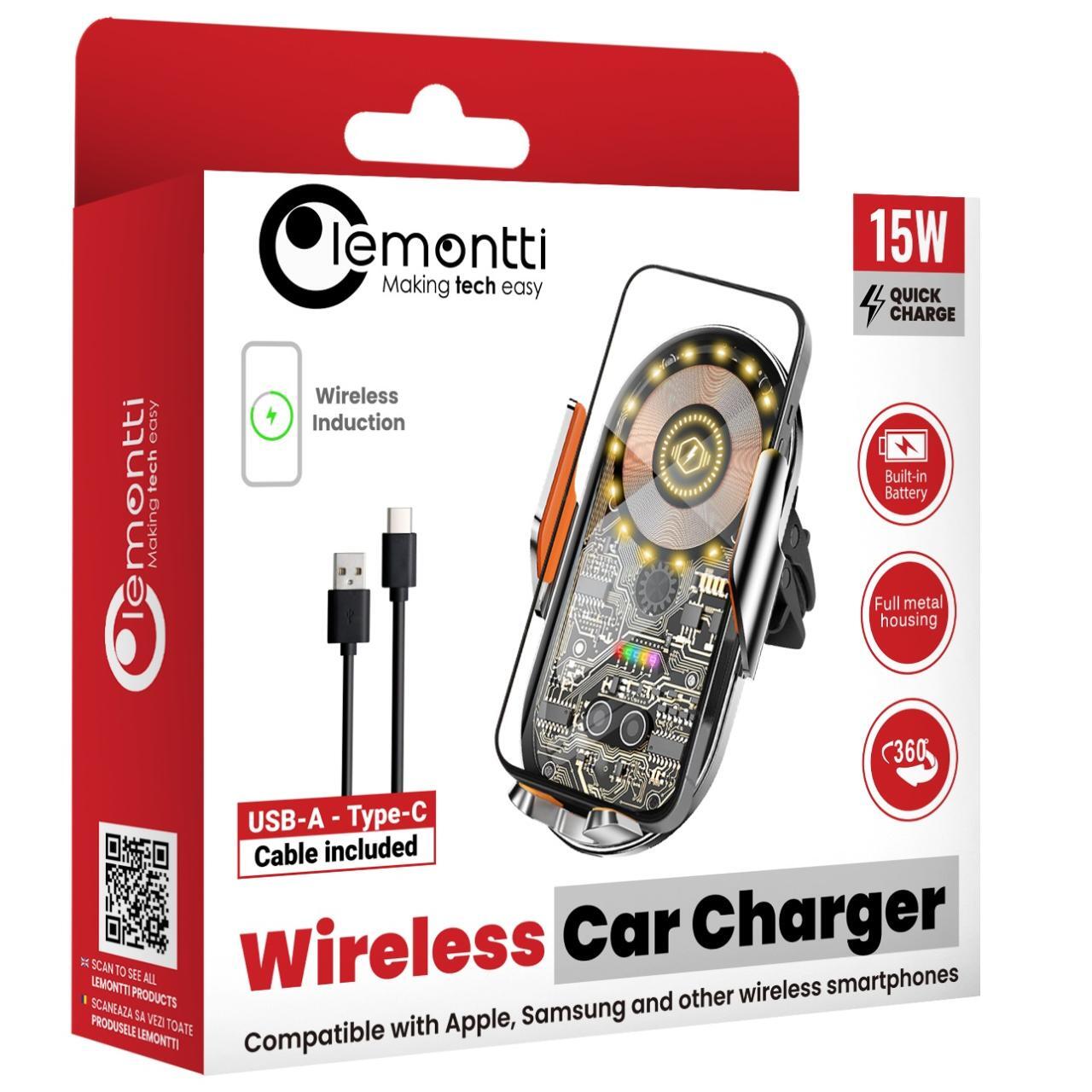 Laptop, Tablete & Telefoane - Lemontti Suport Auto cu incarcare Wireless, 15W, deschidere automata prin senzor infrarosu, prindere la ventilatie, cablu Type-C inclus, Transparent Negru