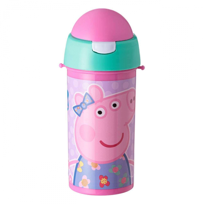 Sticle Apa Copii, Gradinita si Scoala, 500 ml cu Pai, Peppa Pig, Roz [2]
