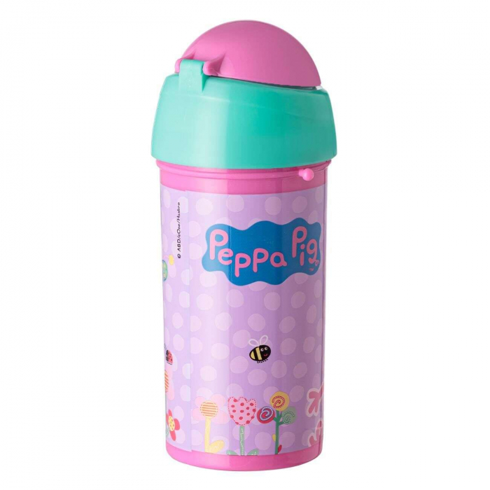 Sticle Apa Copii, Gradinita si Scoala, 500 ml cu Pai, Peppa Pig, Roz [3]