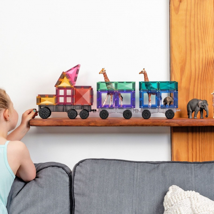 Set de constructie magnetic, 50 de piese, cu forme geometrice si baza cu roti pentru masinute, Multicolor, Pastel Transport Pack, Magnetic Tiles [4]