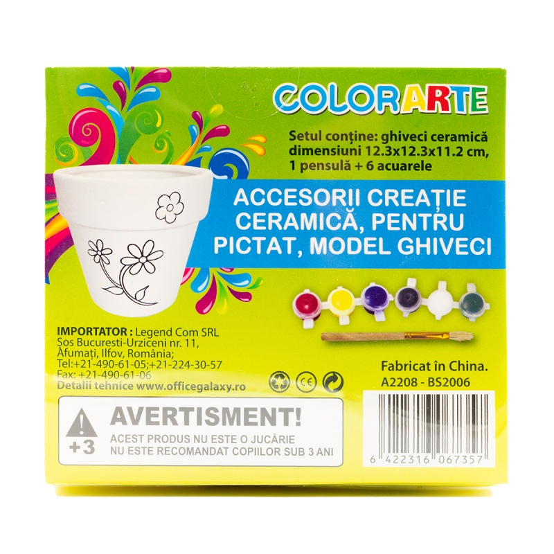 Accesorii creatie ceramica - ghiveci alb cu desene, pentru pictat / colorat + 6 culori si pensula, 12.3 cm, Colorarte BS2006 [3]