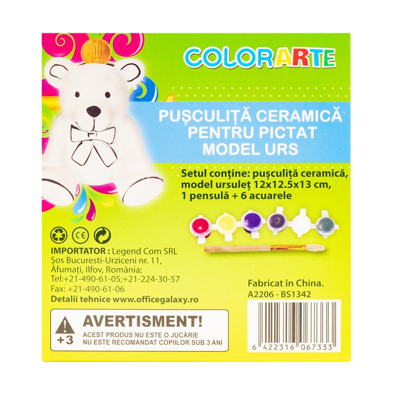 Accesorii creatie ceramica - pusculita - ursulet, pentru pictat / colorat + 6 culori si pensula, 13 cm, Colorarte BS1342 [2]