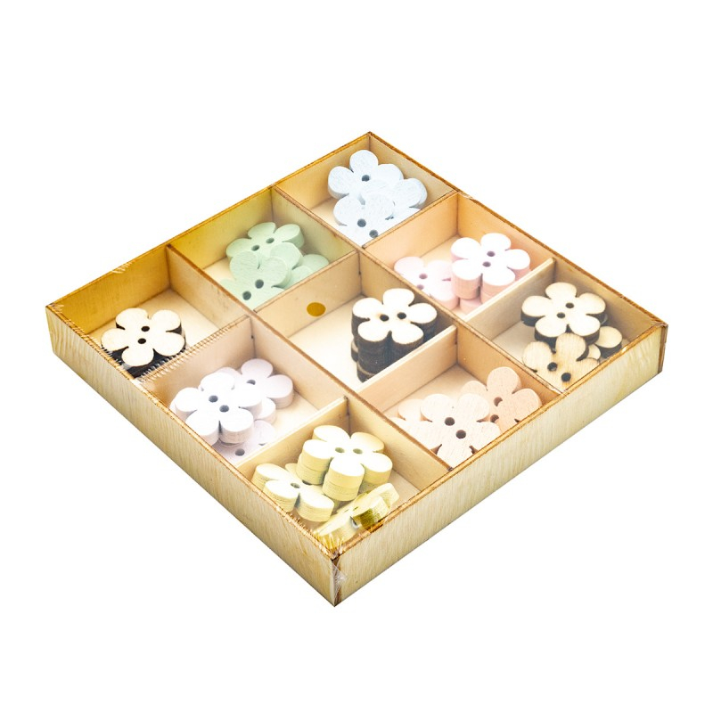 Accesorii creatie - lemn - nasturi floare, diverse culori, cutie 36 buc, Colorarte [1]