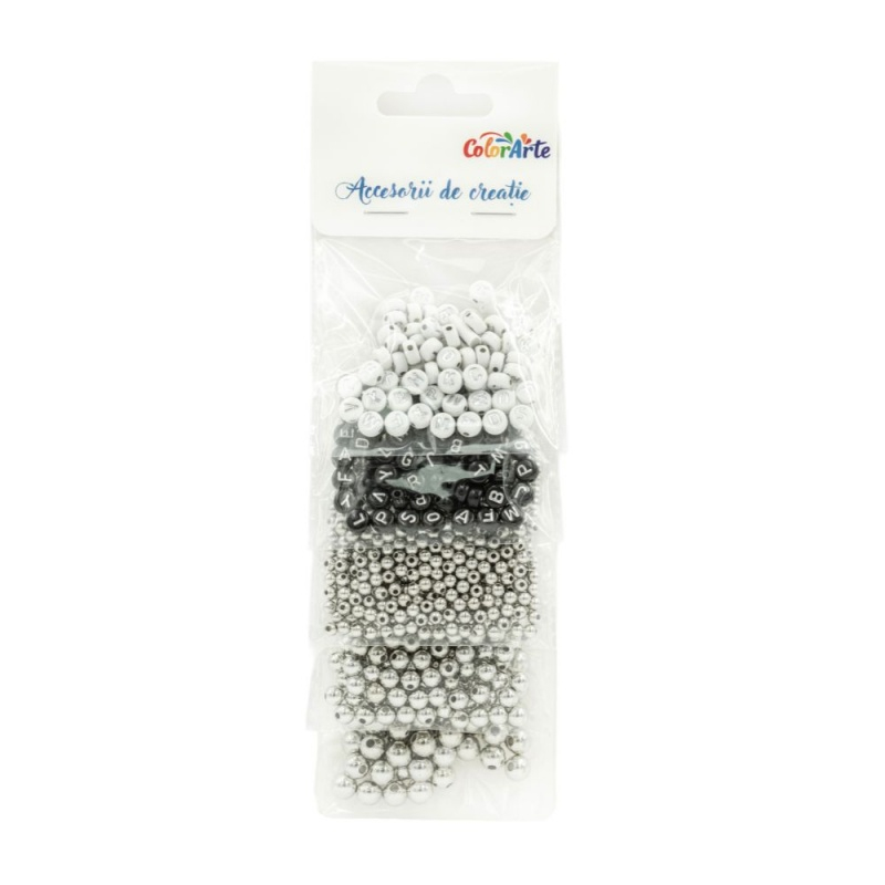Accesorii creatie - margele plastic, 5 dimensiuni diferite, argintii, 80 g/punga, Colorarte [1]