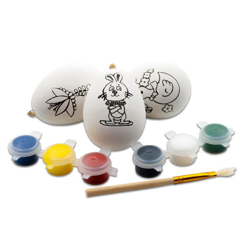Accesorii creatie - ou alb cu desene, pentru pictat / colorat + 6 culori, pensula si sfoara, 6 cm, set 3 buc, Colorarte BS1525 [1]