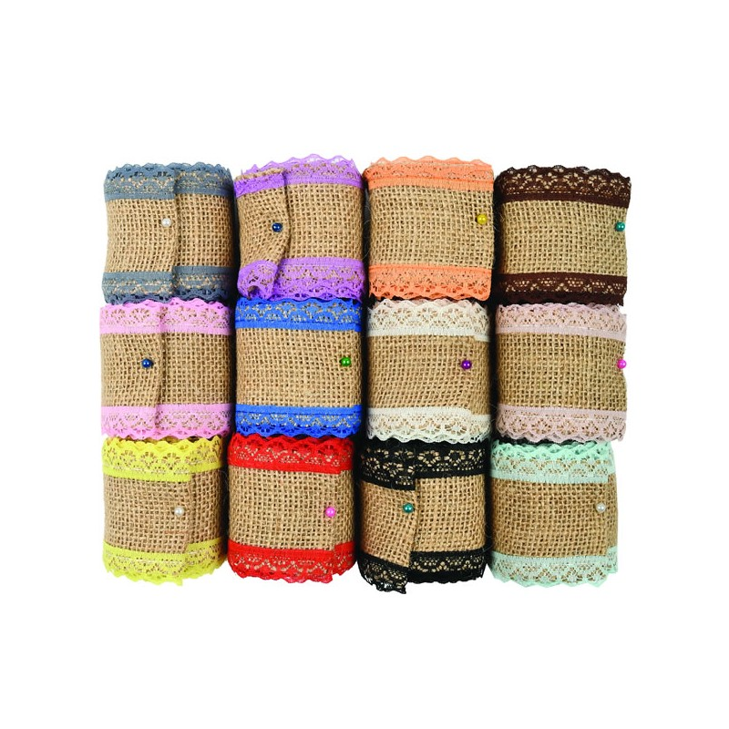 Accesorii creatie - panza iuta, diverse culori, 5cm x 2m, cu dantela, set 12 buc, Colorarte [1]