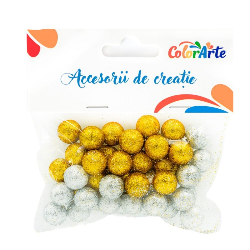 Accesorii creatie - polistiren - bile, argintiu-auriu sclipici, 15mm, Colorarte, MY003, set 50 buc [1]