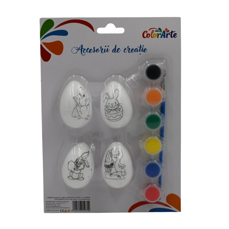 Accesorii creatie - polistiren - ou, alb, pentru pictat / colorat, 5 cm, set 4 buc + pensula + 6 culori, Colorarte, MY11 [2]