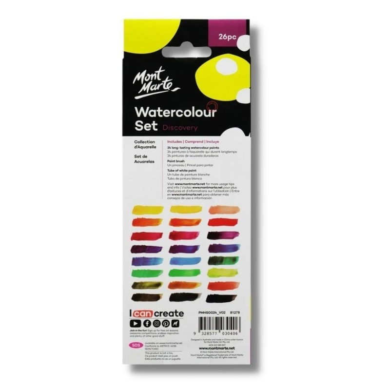 Acuarele Mont Marte PMHS0024, Watercolours, 26 culori + pensula + tub alb, pastila 30mm [2]