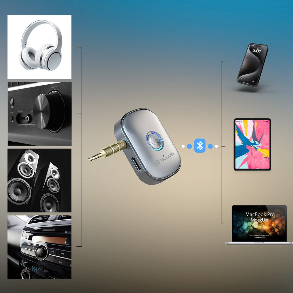 Adaptor Bluetooth 5.3 Tellur, receiver audio cu port AUX 3.5 mm, gri [8]