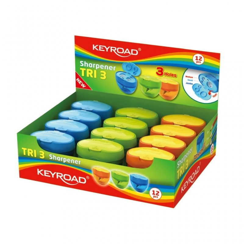 Ascutitoare tripla Keyroad Tris Jumbo KR971431, 3 orificii, 8mm, 11mm, 16mm, plastic, cu rezervor, diverse culori [4]