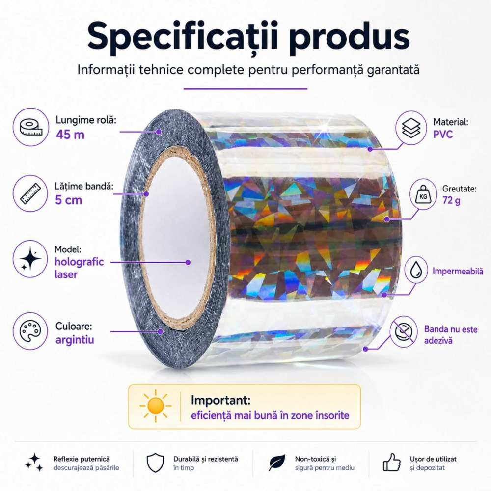Banda antipasari, reflectorizanta, pentru alungat porumbei, grauri, ciori, rola 45 m, model holografic, Argintiu [8]