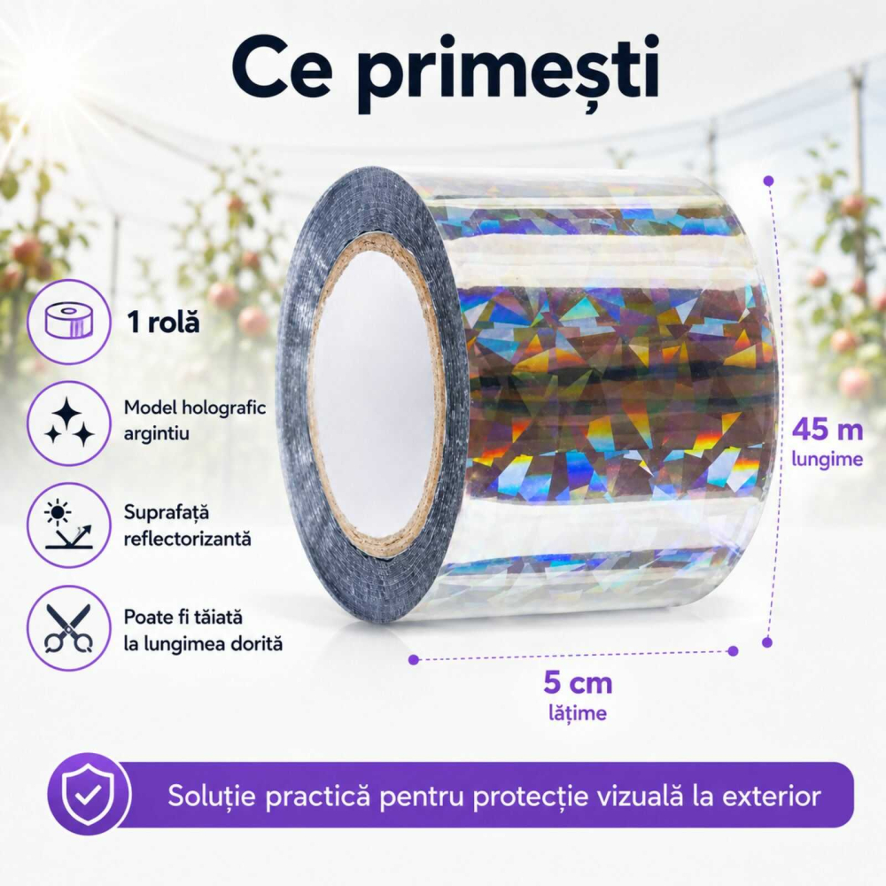 Banda antipasari, reflectorizanta, pentru alungat porumbei, grauri, ciori, rola 45 m, model holografic, Argintiu [10]