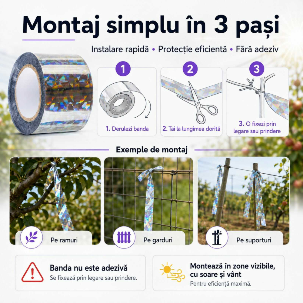 Banda antipasari, reflectorizanta, pentru alungat porumbei, grauri, ciori, rola 45 m, model holografic, Argintiu [3]
