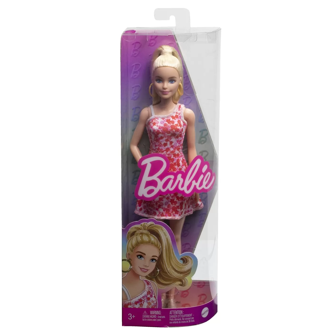 Barbie papusa barbie fashionista blonda cu parul prins in coada si rochie cu floricele, varsta de la 3 ani la 7 ani [1]
