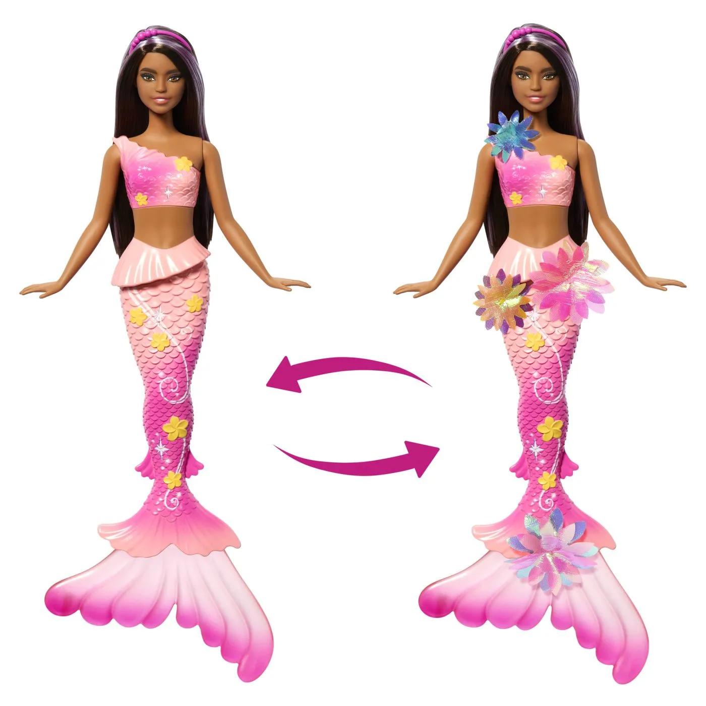 Barbie papusa sirena floarea magica cu par brunet si coada roz, copii varsta 3 ani pana la 7 ani [4]