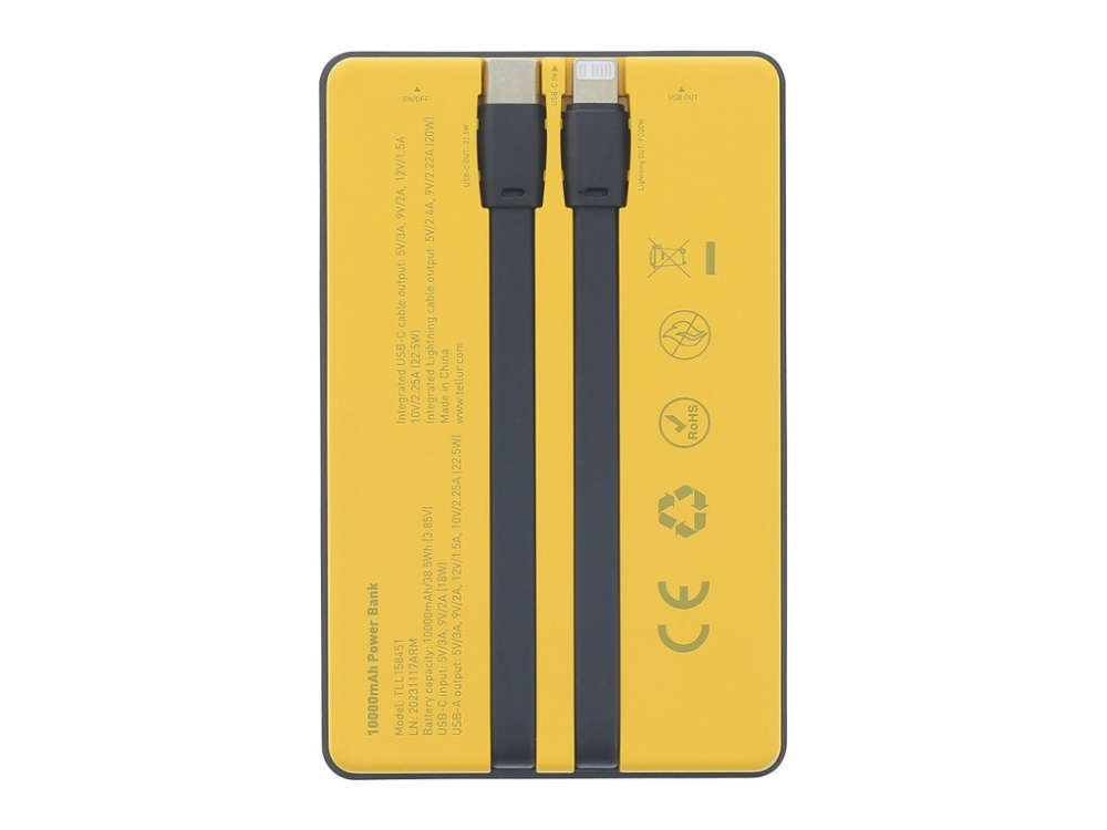 Baterie externă Tellur 10000mAh, USB-C + Lightning cabluri incorporate, QC3.0, PD, galben [3]