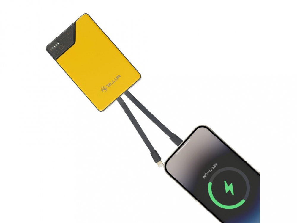 Baterie externă Tellur 10000mAh, USB-C + Lightning cabluri incorporate, QC3.0, PD, galben [4]