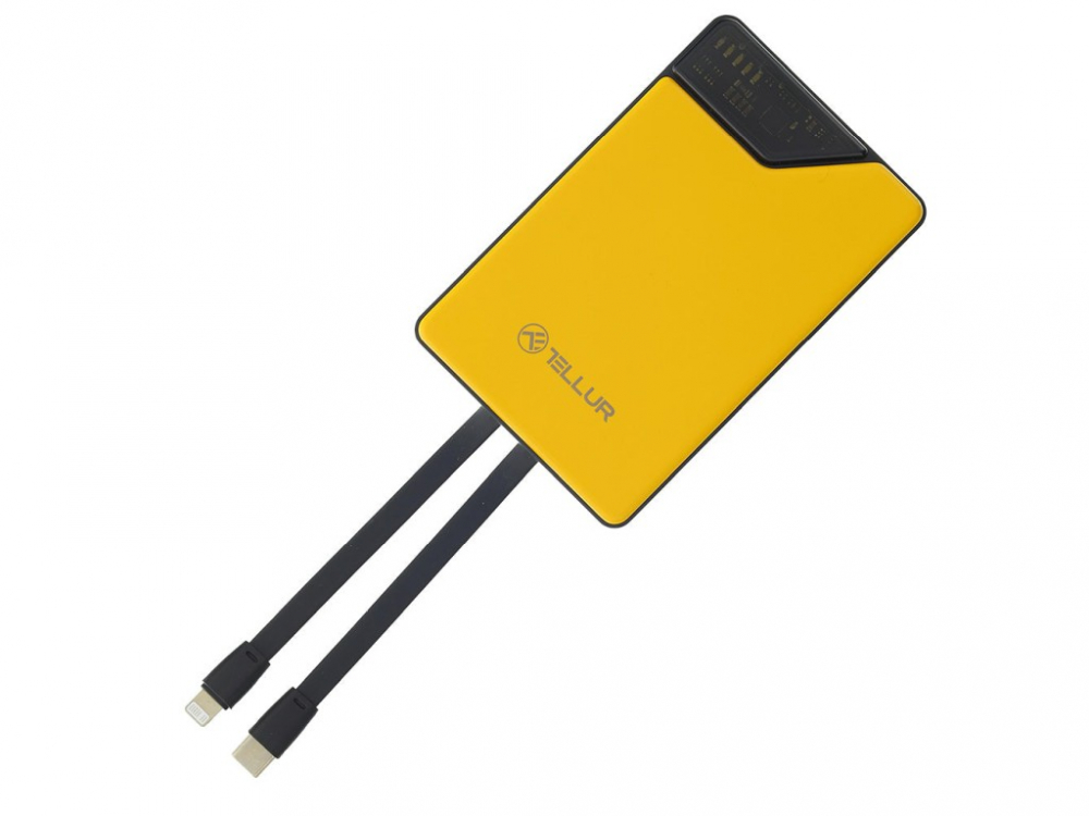 Baterie externă Tellur 10000mAh, USB-C + Lightning cabluri incorporate, QC3.0, PD, galben [5]