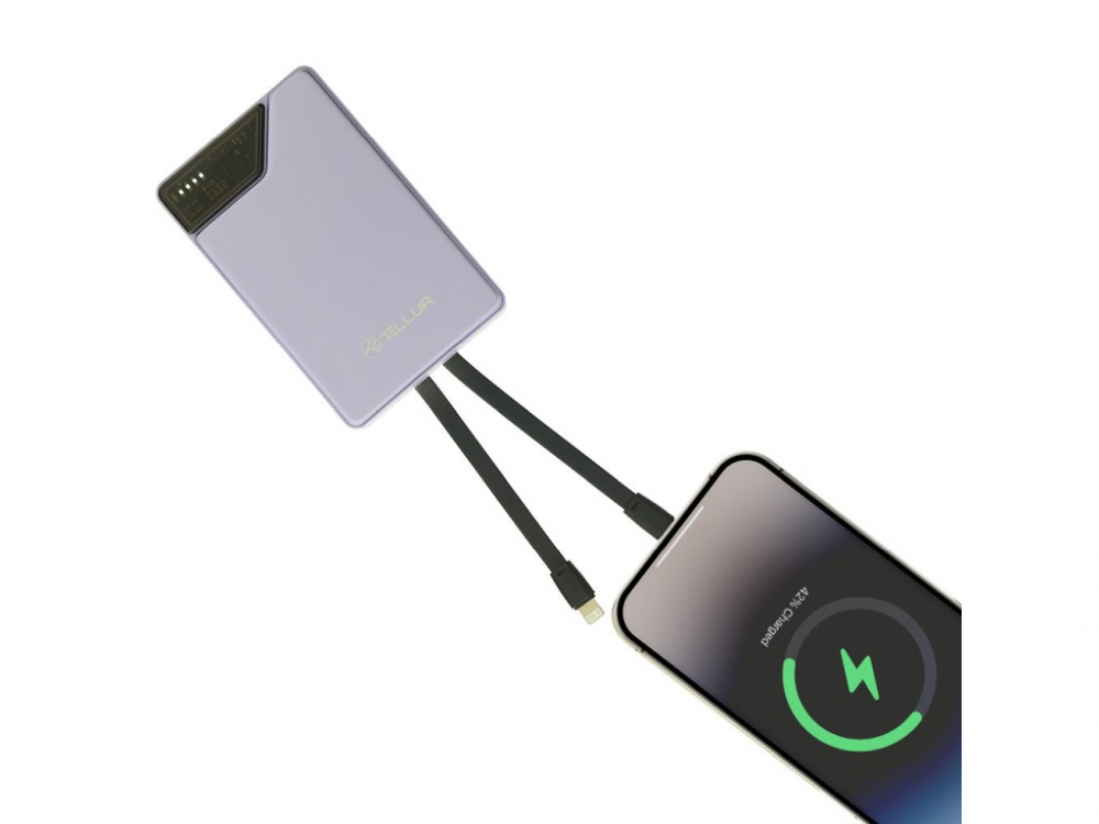 Baterie externă Tellur 10000mAh, USB-C + Lightning cabluri incorporate, QC3.0, PD, mov [4]