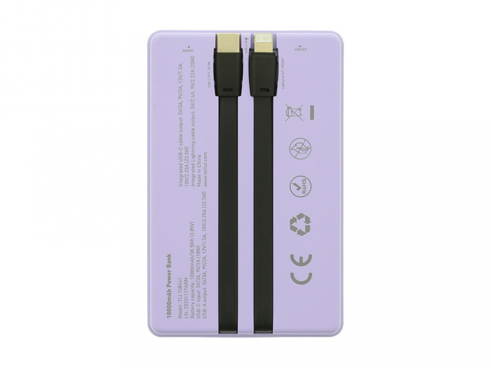Baterie externă Tellur 10000mAh, USB-C + Lightning cabluri incorporate, QC3.0, PD, mov [3]