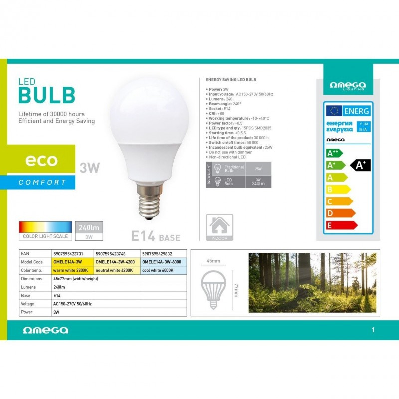 Bec economic cu led, rotund 3.2Watt Omega Comfort E14 OMELE14A-3W-6000, 270 lumeni, 42948, 6000K alb [3]