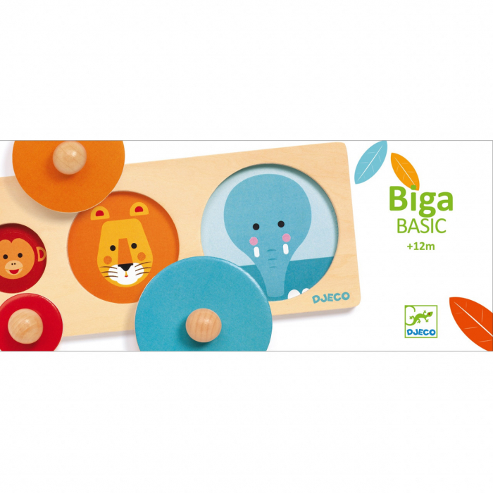 Biga Basic, Puzzle incastru din lemn cu cercuri, piese cu butoni, Montessori, Djeco [2]