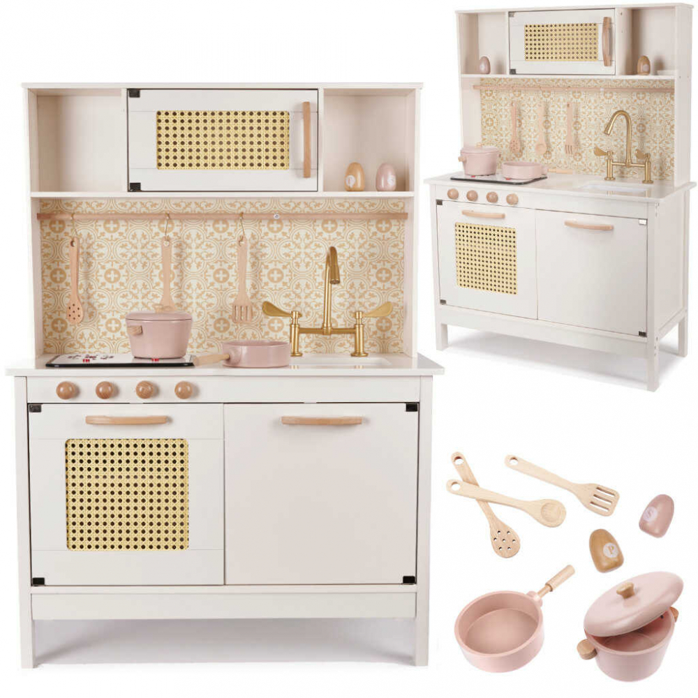 Bucatarie copii, din lemn, model Retro, 100 cm inaltime, Efecte luminoase si Sonore, Calitate Superioara, Include Plita cu Doua Arzatoare, Cuptor, Chiuveta, Cuptor cu Microunde si Accesorii [1]